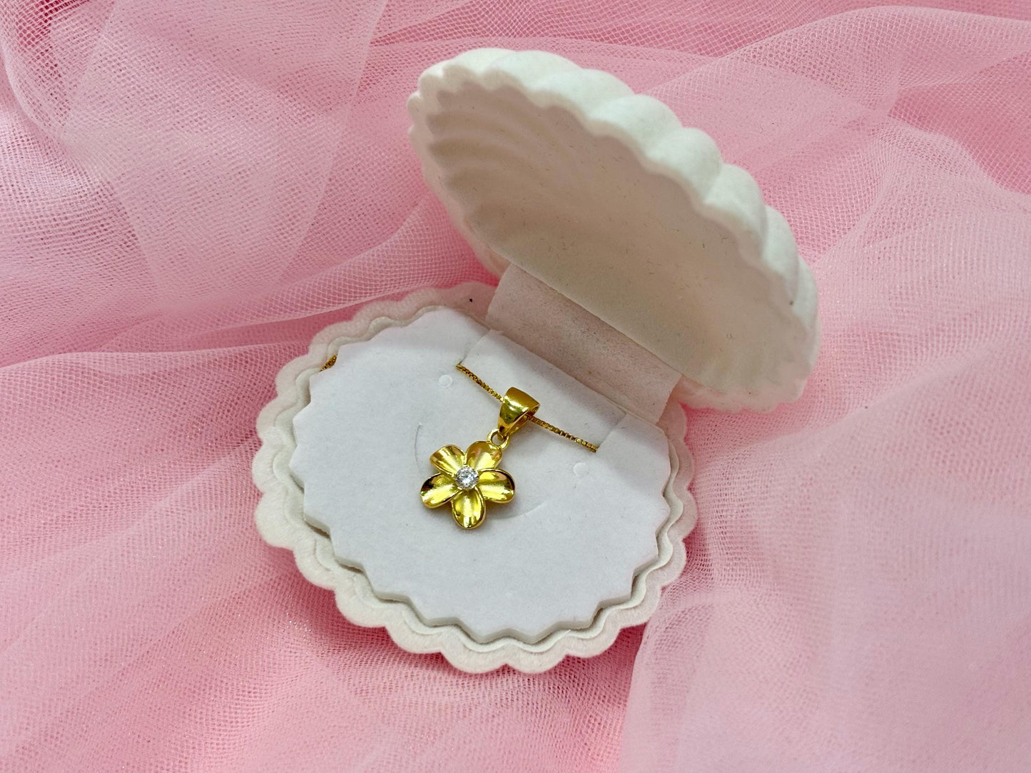 Hawaiian Plumeria Flower Necklace 14K Gold Plated Sterling Silver with Sparkling CZ Stone Romantic Jewelry Gift for her Wife, Mom Girlfriend