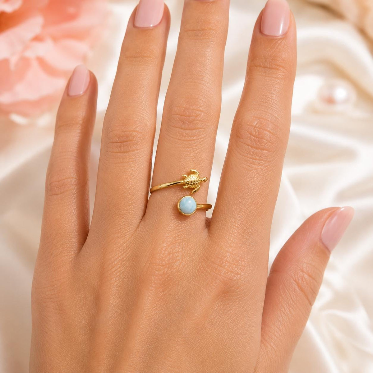Larimar Turtle Ring, 14K Gold Plated Stackable Nature Jewelry, gift for her, adjustable ring, gift – handmade Hawaiian jewelry, Island Goddess Jewelry