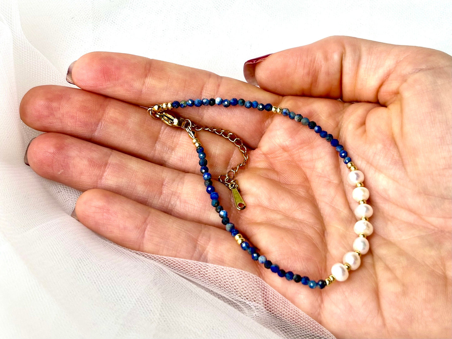 Healing Crystal December Birth Stone Bracelet Genuine Freshwater White Pearl Lapis Lazuli Bracelet Adjustable Tarnish Free Cute Gift For Her