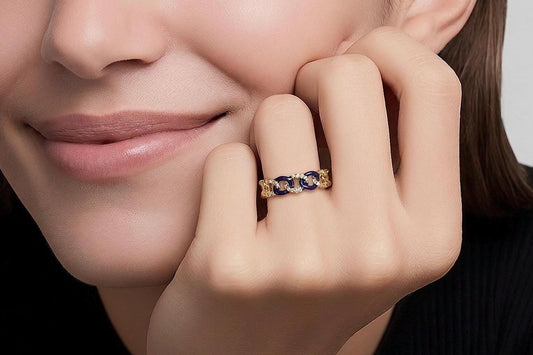 Blue Enamel Ring – Adjustable Stackable Stainless Steel Ring with Sparkling Cubic Zirconia