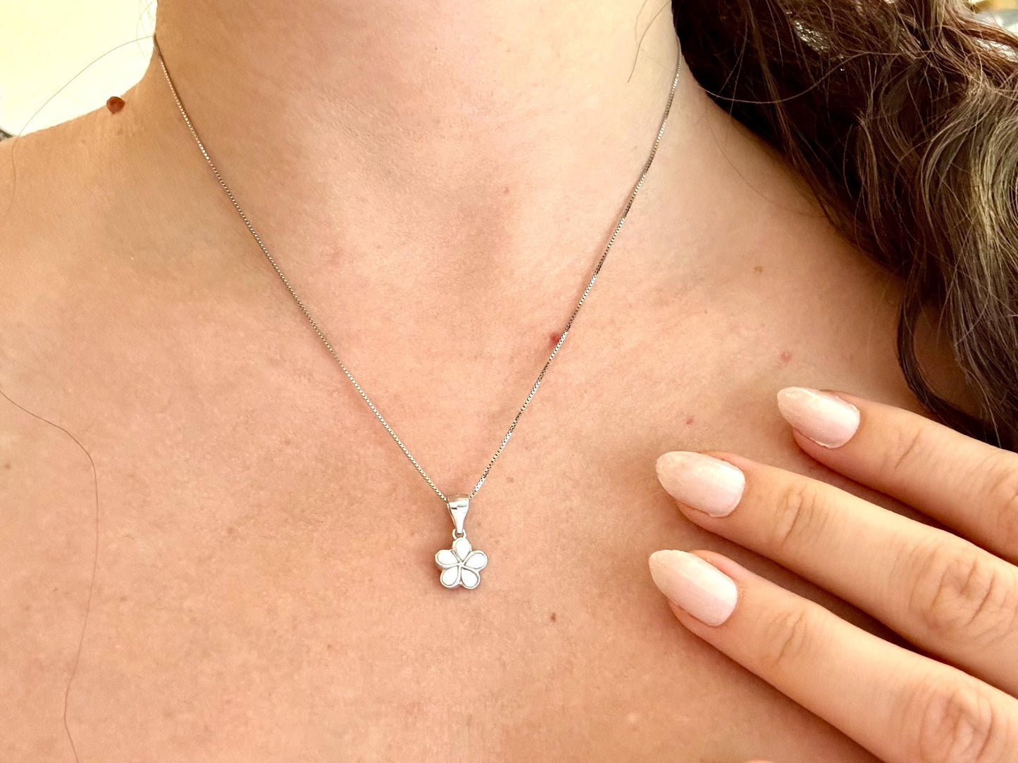 Dainty White Opal Plumeria Flower Necklace Tarnish Free with chain Girly Minimalist Floral Gift for Her Gift for Mom 925 Sterling Silver