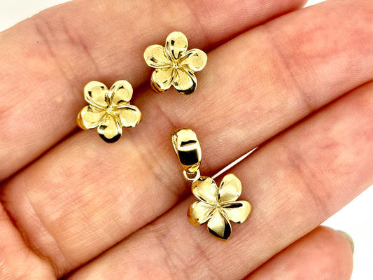 14K Solid Gold Plumeria Pendant Earring Set Flower Jewelry Set Gold Necklace Gold Pendant Birthday Gift for her Gift for Mom Flower Necklace