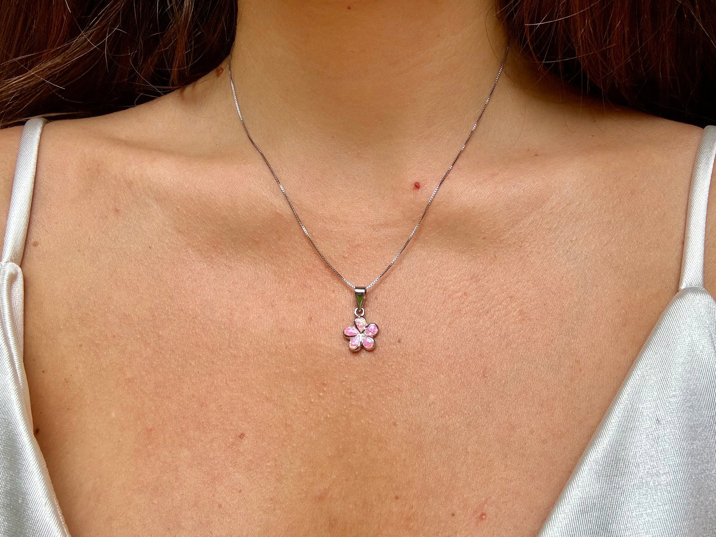 Dainty Pink Opal Plumeria Flower Necklace Tarnish Free with chain Girly Minimalist Floral Gift for Her Gift for Mom 925 Sterling Silver