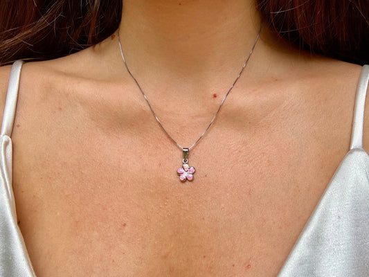 Pink Opal Necklace – Dainty Plumeria Flower Pendant | Tarnish Free 925 Silver Chain, gift for her – handmade Hawaiian jewelry, Island Goddess Jewelry
