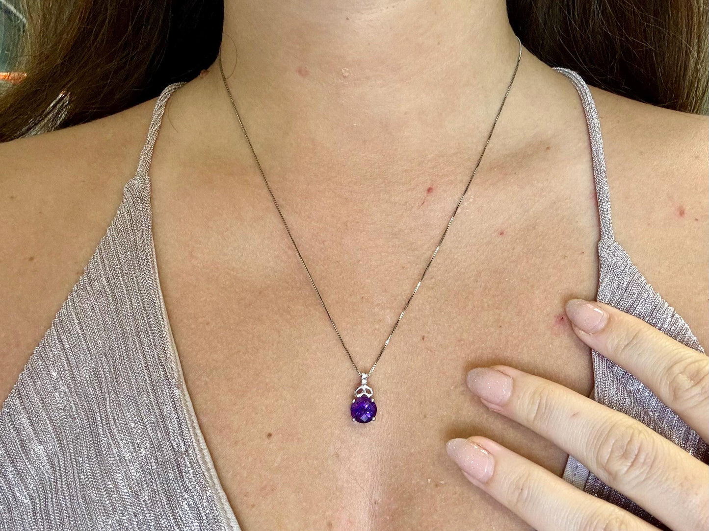 14K White Gold Amethyst Pendant With Diamond Necklace February Birthstone Gift, Amethyst Nexklace, Birthday Gift for Her