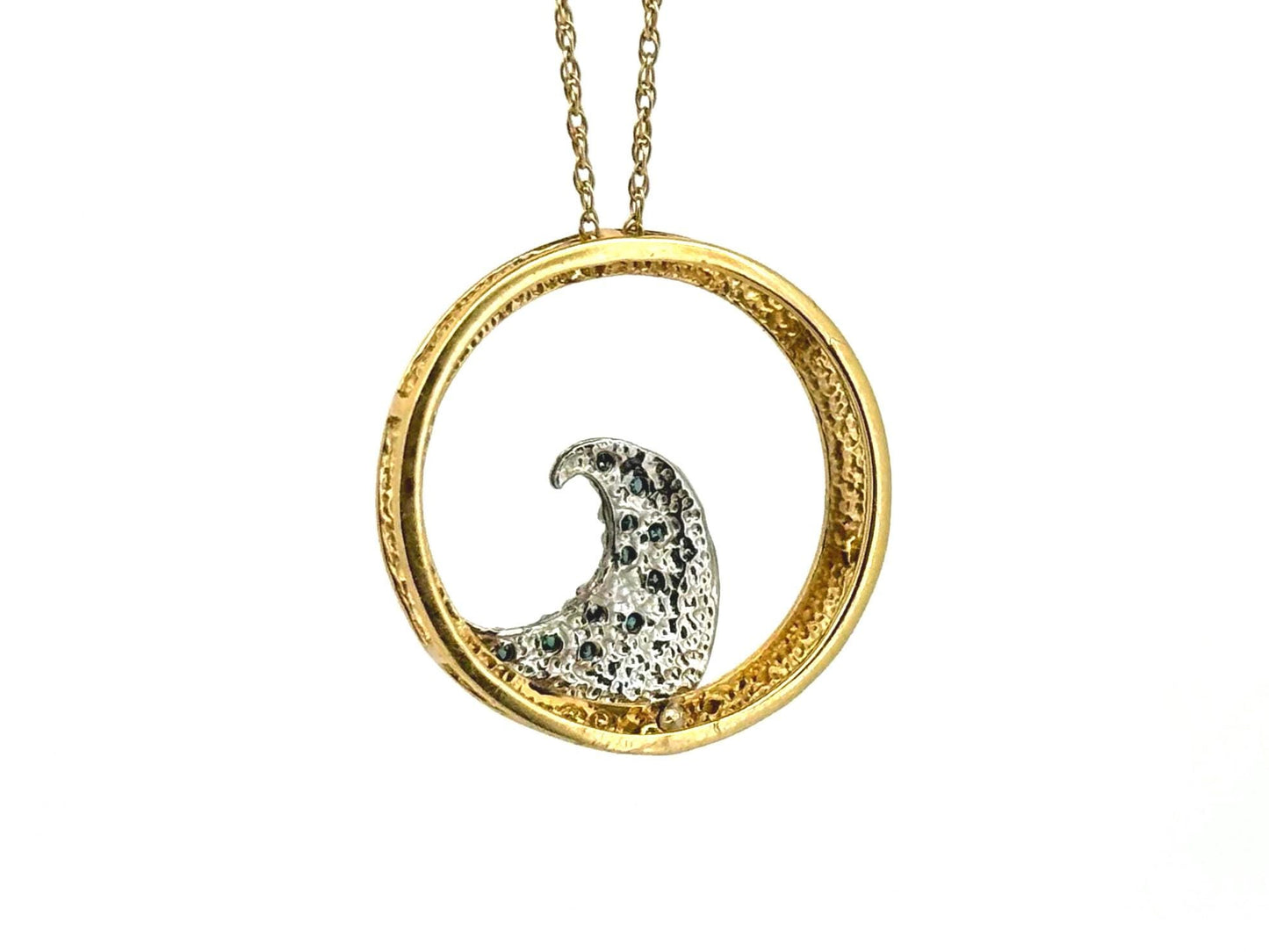 Eternal Wave of Aloha Necklace -14K Two-Tone Gold Blue Diamond Wave Pendant