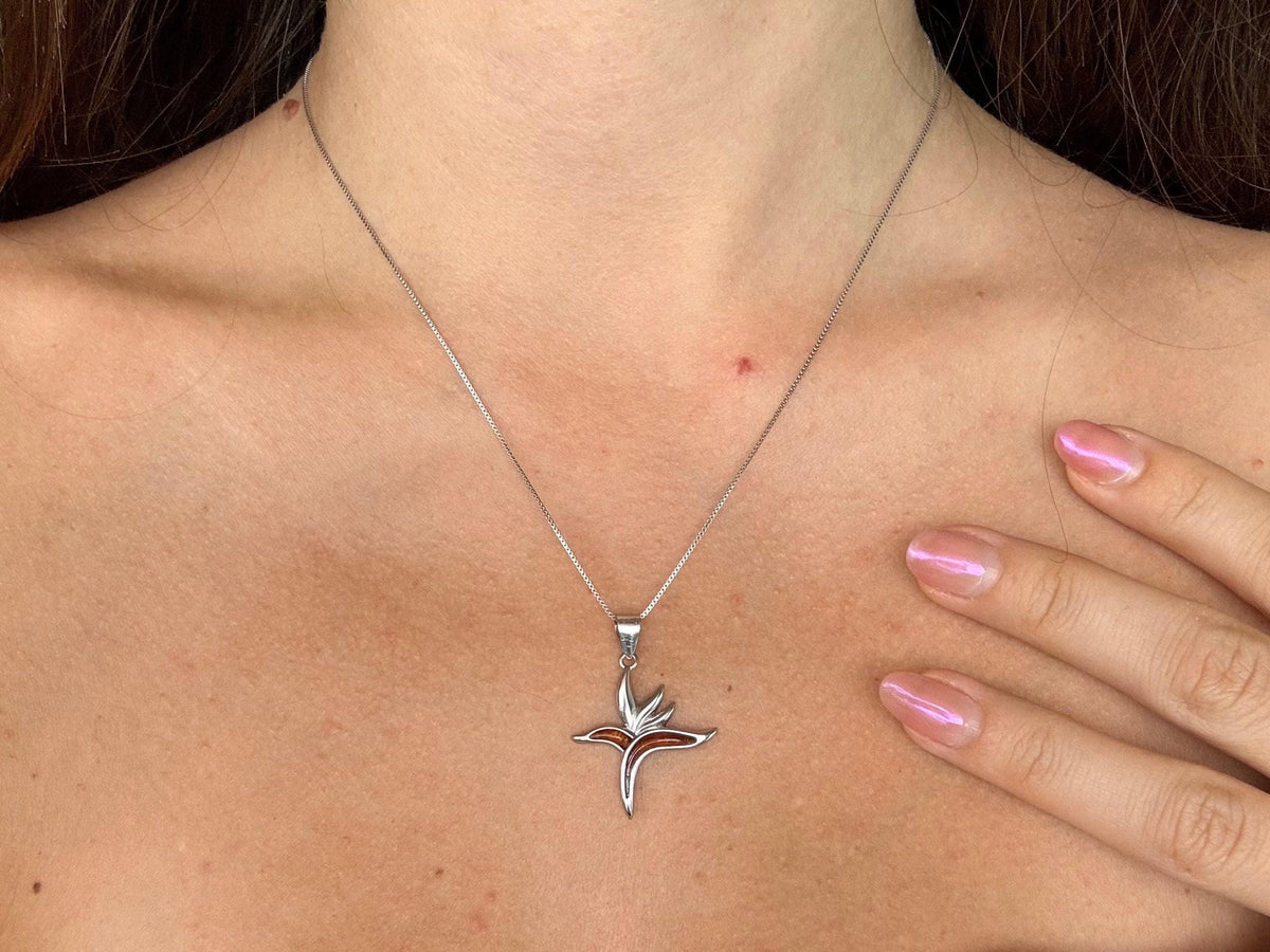 Koa Wood Flower Necklace, Bird Of Paradise Silver Pendant, Hawaii, chain, gift, koawood – handmade Hawaiian jewelry, Island Goddess Jewelry