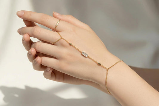 Hand Chain Bracelet | Adjustable 14K Gold Plated Baguette Ring with Cubic Zirconia Sparkle