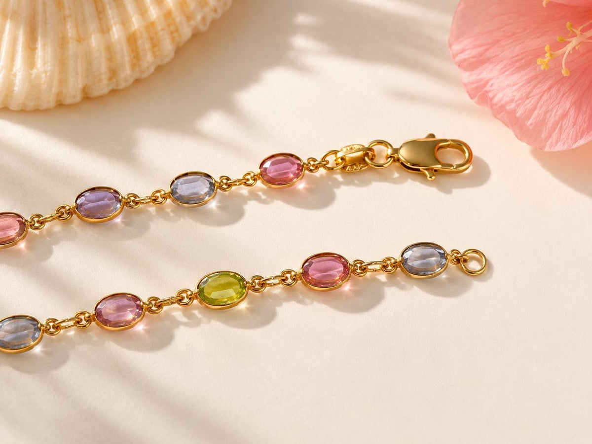 Dainty Gold Gemstone Bracelet, Pastel CZ Chain, Hawaii Made Gift, gift for her, 7th anniversary gift, best friend bracelet – handmade Hawaiian jewelry, Island Goddess Jewelry