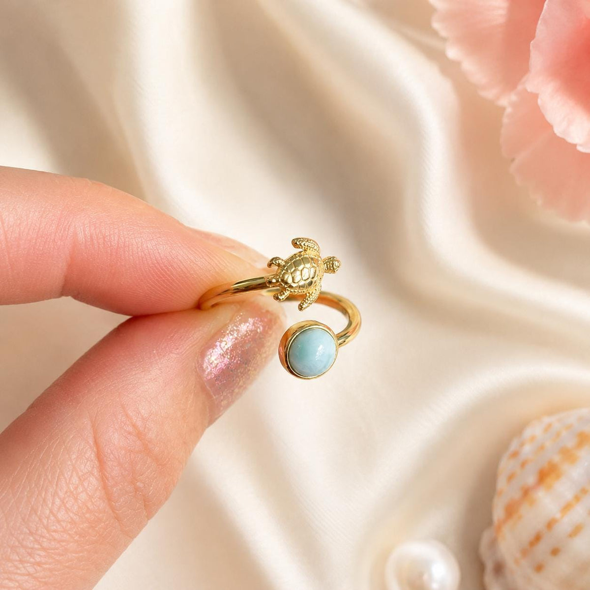 Larimar Turtle Ring, 14K Gold Plated Stackable Nature Jewelry, gift for her, adjustable ring, gift – handmade Hawaiian jewelry, Island Goddess Jewelry