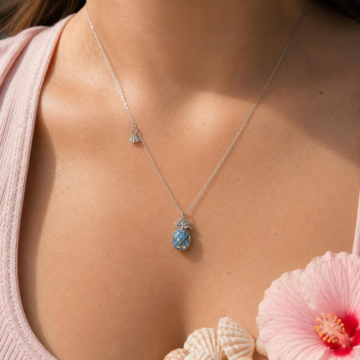 Pineapple Pendant Necklace, Shell Charm, Blue Topaz Gift For Her, hawaii, mothers day gift, gift for girlfriend – handmade Hawaiian jewelry, Island Goddess Jewelry