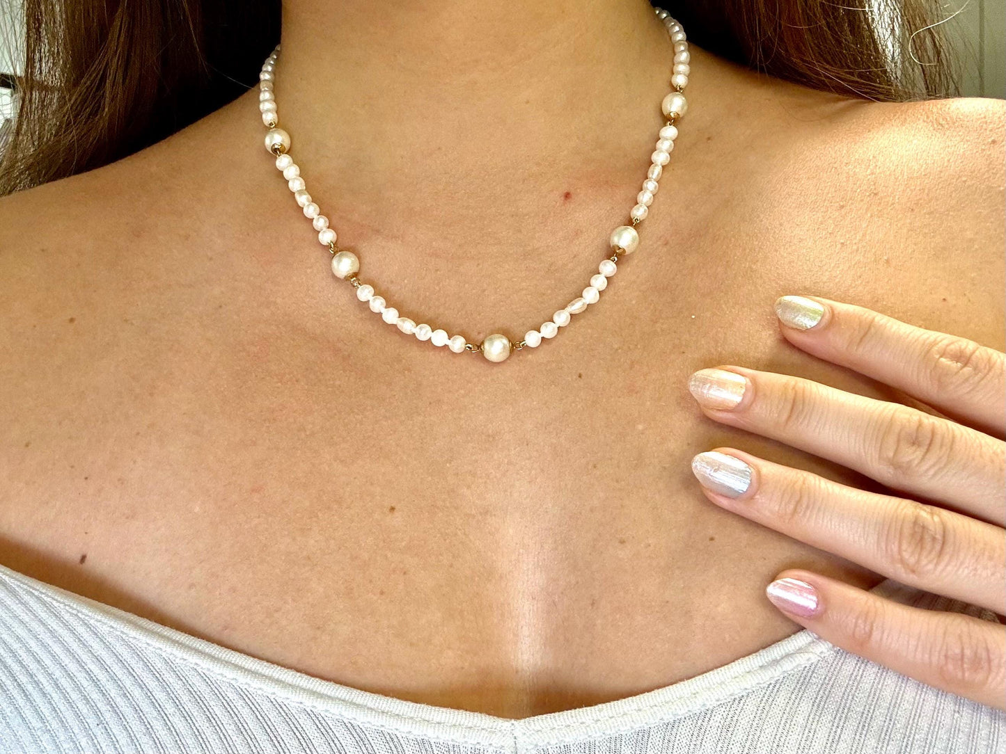 Genuine Natural Pearl Necklace 14K Gold Closure Elegant White Pearl Necklace Birthday Gift for Her Gift for Mom