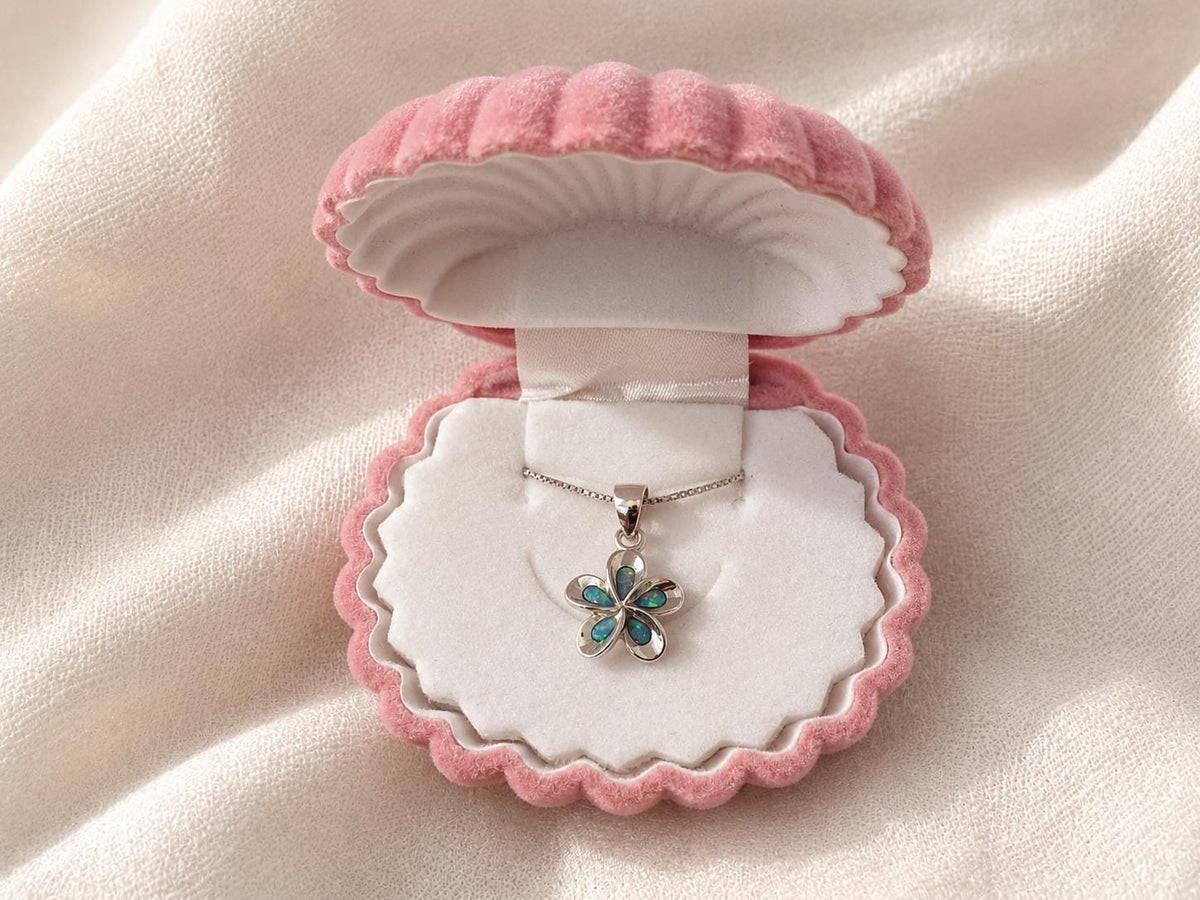 Blue Opal Plumeria Necklace, Sterling Silver Flower Pendant Jewelry, gift for her, mothers day gift, gift for mom – handmade Hawaiian jewelry, Island Goddess Jewelry