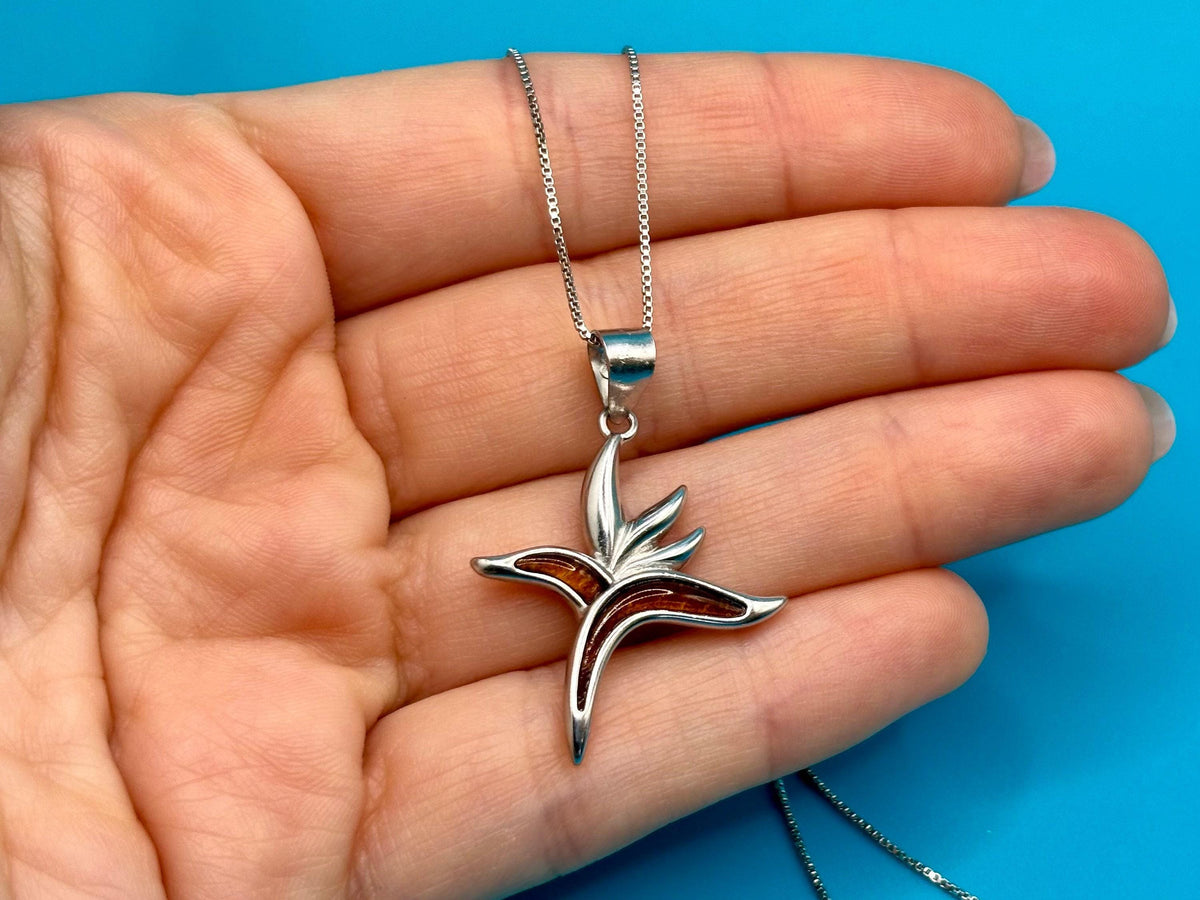 Koa Wood Flower Necklace, Bird Of Paradise Silver Pendant, Hawaii, chain, gift, koawood – handmade Hawaiian jewelry, Island Goddess Jewelry