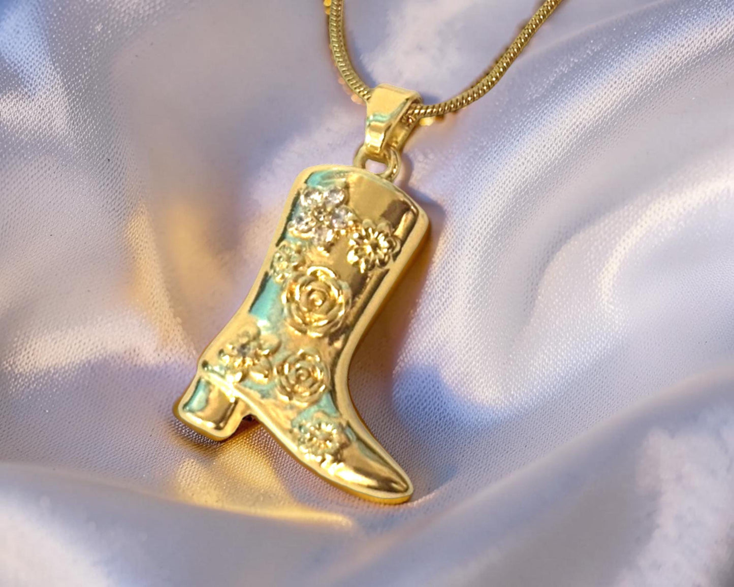 Floral Cowboy Boot Necklace – Gold Plated Stainless Steel With Sparkling Cubic Zirconia