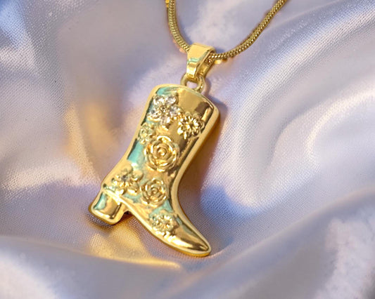 Floral Cowboy Boot Necklace – Gold Plated Stainless Steel With Sparkling Cubic Zirconia