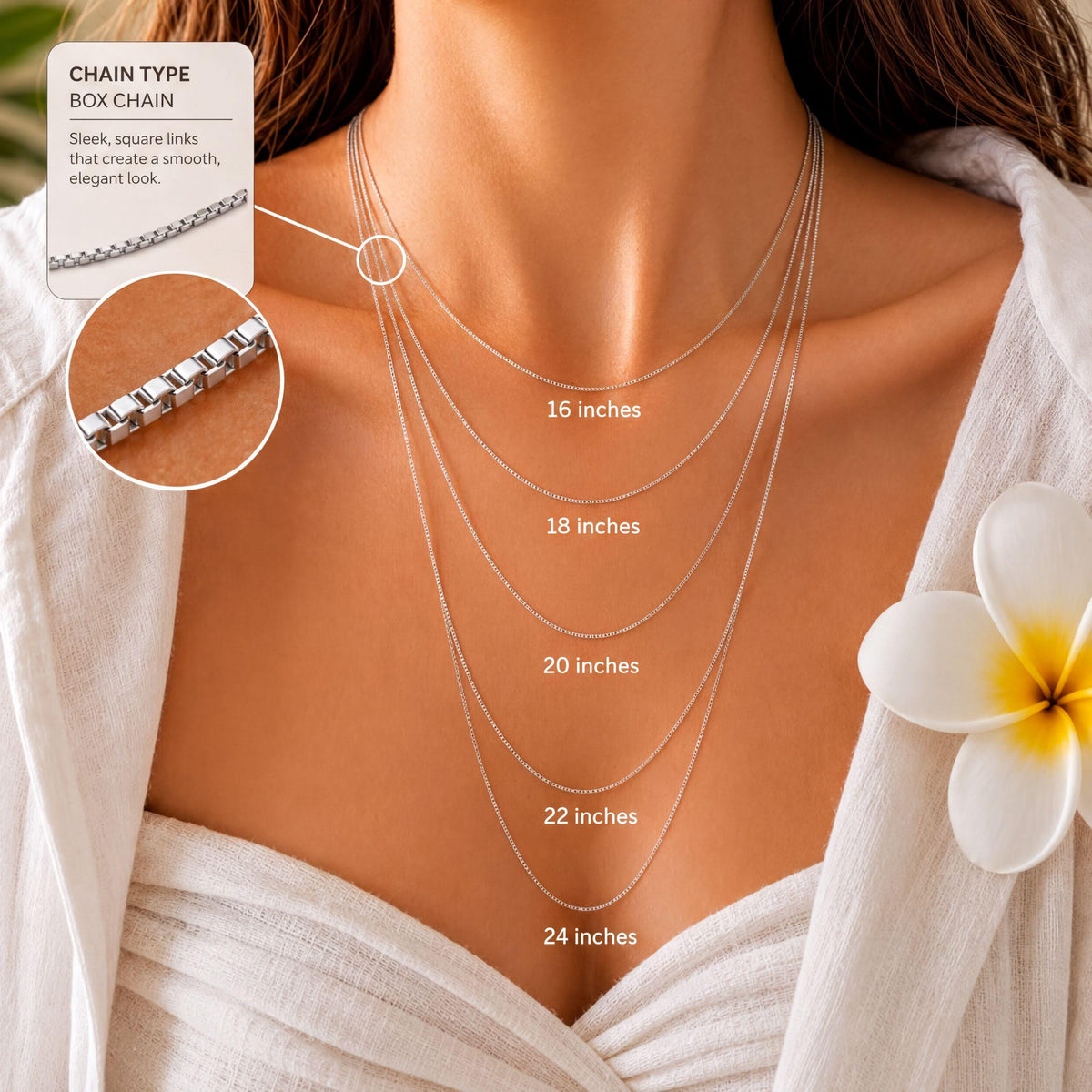 a close-up of a woman's neck with a necklace chain, featuring a series of necklace lengths ranging from 16 to 24 inches.