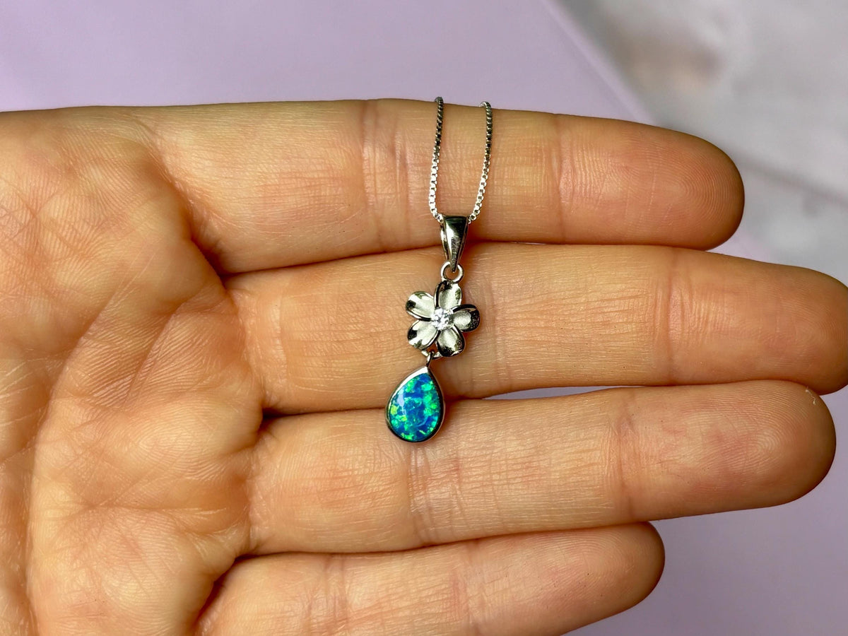 Blue Opal Plumeria Necklace, Rhodium Plated Silver Flower Pendant, gift for her, birthday gift, gift for mom – handmade Hawaiian jewelry, Island Goddess Jewelry