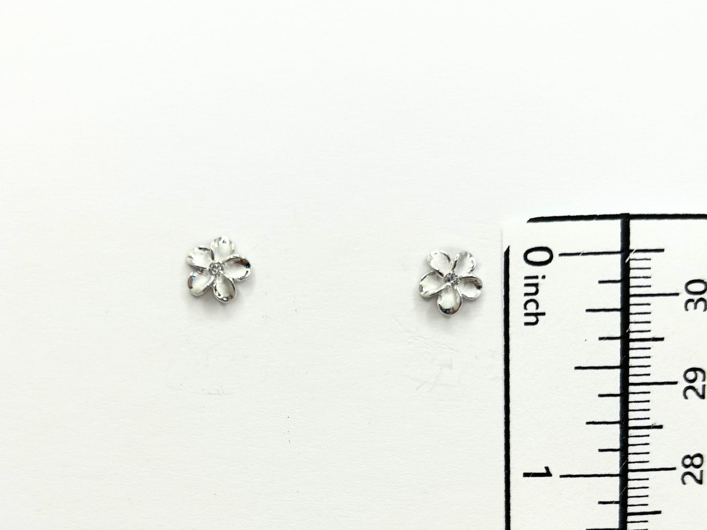 Hawaiian 925 Sterling Silver Rhodium Plated Plumeria Stud Earrings Cute Gift for Wife Flower Mom Girlfriend sister Stone shiny CZ