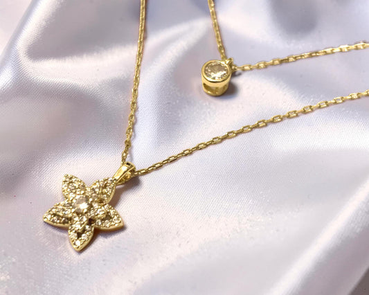 Gold Flower Necklace – Dainty Floral Pendant with Cubic Zirconia, Minimalist Layered Jewelry