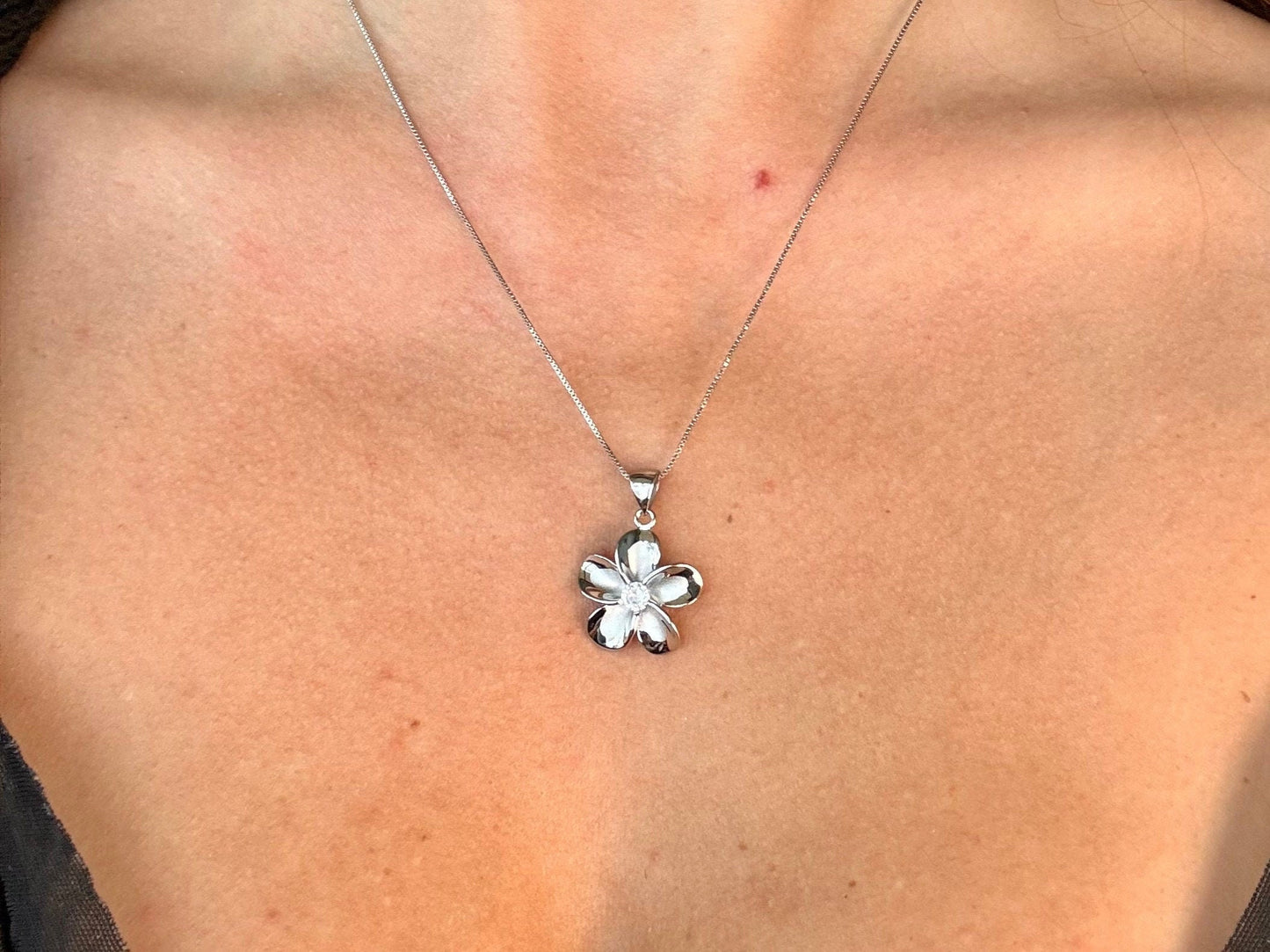 Hawaiian Plumeria Flower Necklace Tarnish Free Sterling Silver with Sparkling CZ Stone Romantic Jewelry Gift for her Wife, Mom Girlfriend