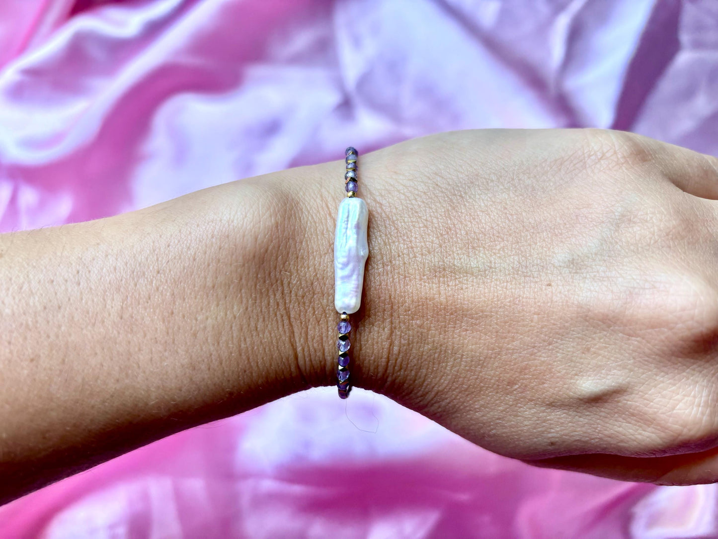Amethyst Genuine Natural Freshwater White Pearl Bracelet, Adjustable Gold Bracelet Stainless Steel Birthday Gift for Her