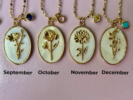 Birth Flower Necklace Stainless Steel 18K Gold Plated Necklace Birthstone Birthday Gift for Her - Gift for Mom , Gift for Girlfriend