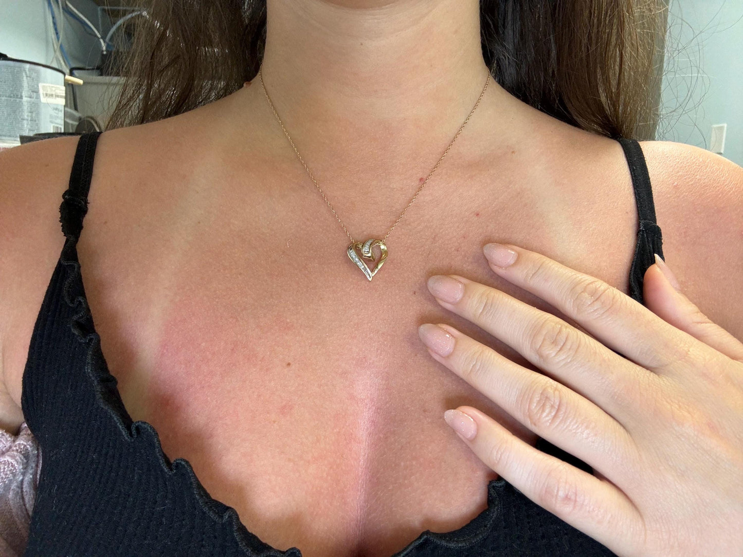 10K Yellow Gold Heart Pendant, Baguette Diamond Slide Necklace, Dainty Gold Heart Necklace Minimalist Diamond Pendant, Romantic Gift for Her