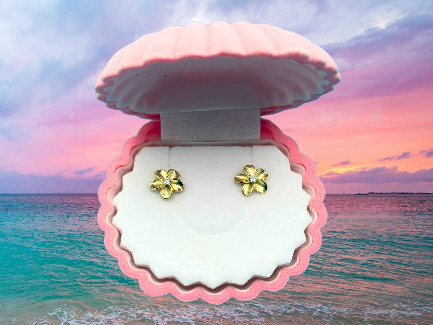 Hawaiian 925 Sterling Silver 14k Gold Plated Plumeria Stud Earrings Cute Gift for Wife Flower Mom Girlfriend sister Stone shiny CZ