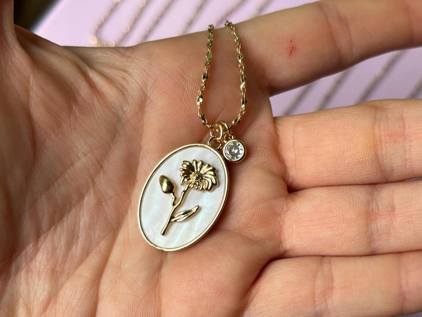 Birth Flower Necklace Stainless Steel 18K Gold Plated Necklace Birthstone Birthday Gift for Her - Gift for Mom , Gift for Girlfriend