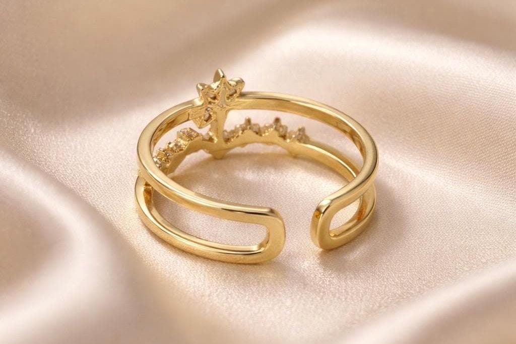 Star Ring Adjustable Gold Plated Ring – Cubic Zirconia Celestial Jewelry