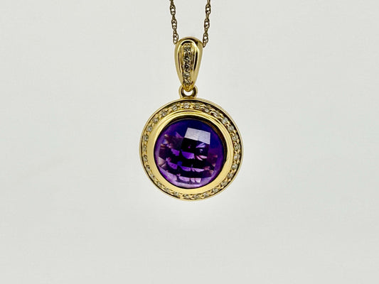14K Yellow Gold Amethyst Pendant with Diamonds | Purple Jewelry | February birthstone | Gift for her birthday, anniversary Gold Necklace