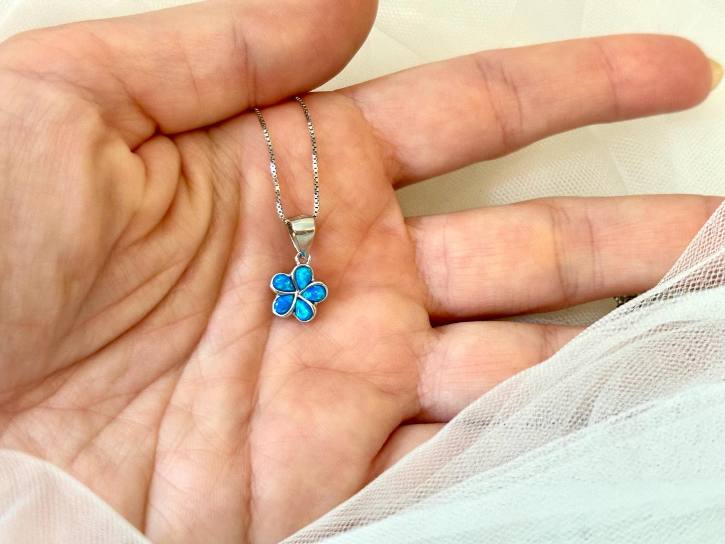 Dainty Blue Opal Plumeria Flower Necklace Tarnish Free with chain Girly Minimalist Floral Gift for Her Gift for Mom 925 Sterling Silver