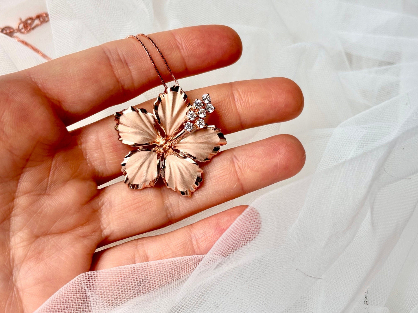 Hawaiian Hibiscus Flower elegant Necklace 925 Sterling Silver 14K Rose Plated CZ stone with chain Cute Gift for Mom Mother Wife Girlfriend