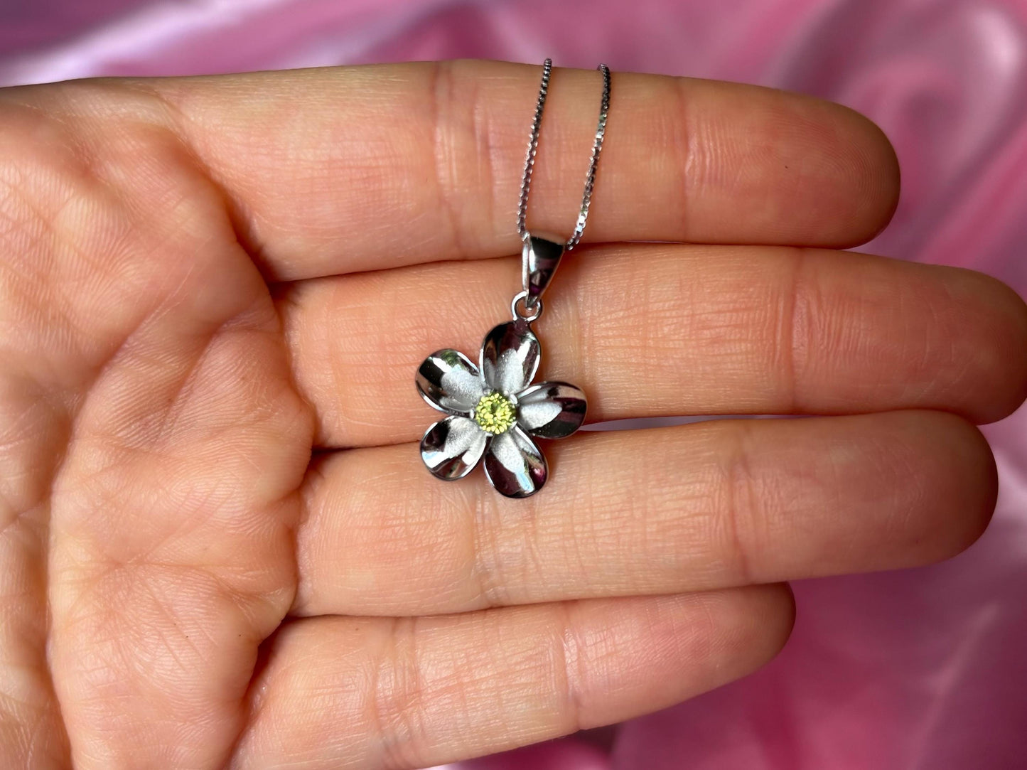 Hawaiian Plumeria Flower Necklace Peridot Necklace 925 Sterling Silver Tarnish Free With Chain - Birthday Gift for Her Green Dainty Necklace