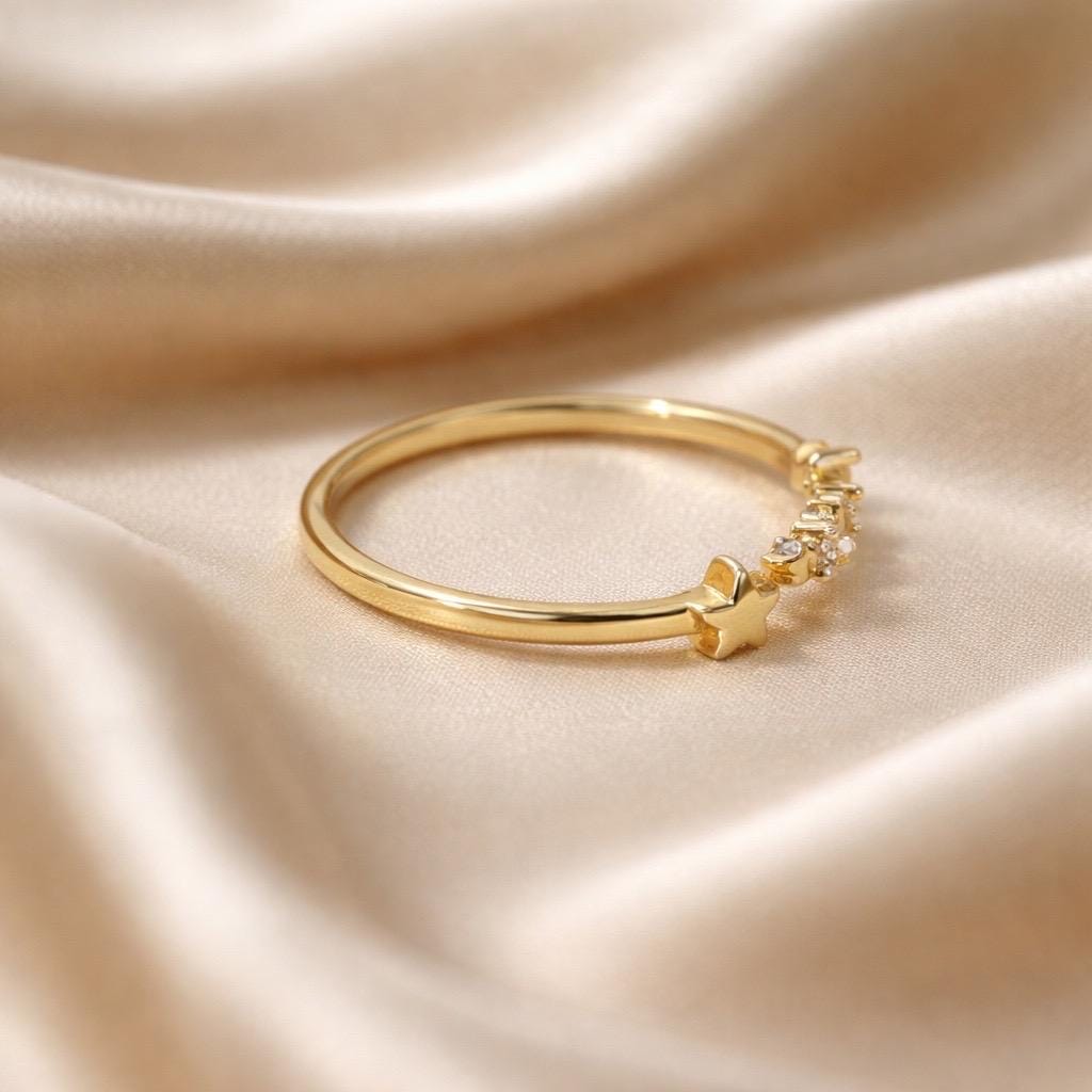 Star Ring Adjustable Gold Plated Stainless Steel Ring with Zirconia Stone