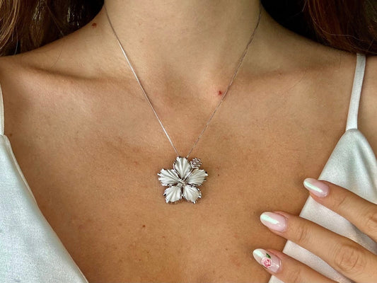 Hawaiian Hibiscus Flower elegant Necklace 925 Sterling Silver large Rhodium Plated with chain Cute Gift for Mom Mother Wife Girlfriend