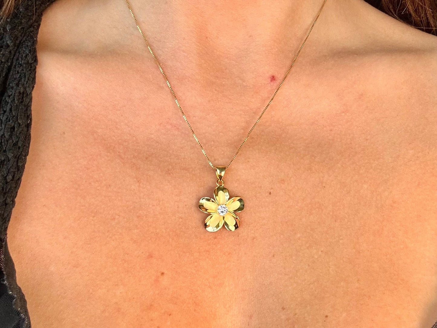 Hawaiian Plumeria Flower Necklace 14K Gold Plated Sterling Silver with Sparkling CZ Stone Romantic Jewelry Gift for her Wife, Mom Girlfriend