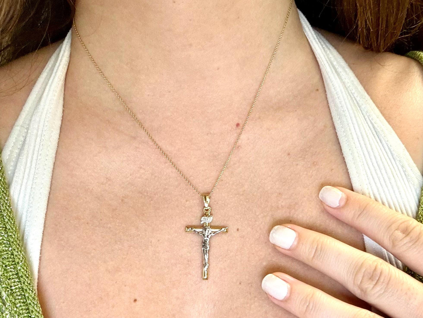 14K Solid Yellow Gold Cross Necklace Jesus Christ Pendant Giant Elegant Christian Gift for her Chritian Gift for Wife Christmas Gift