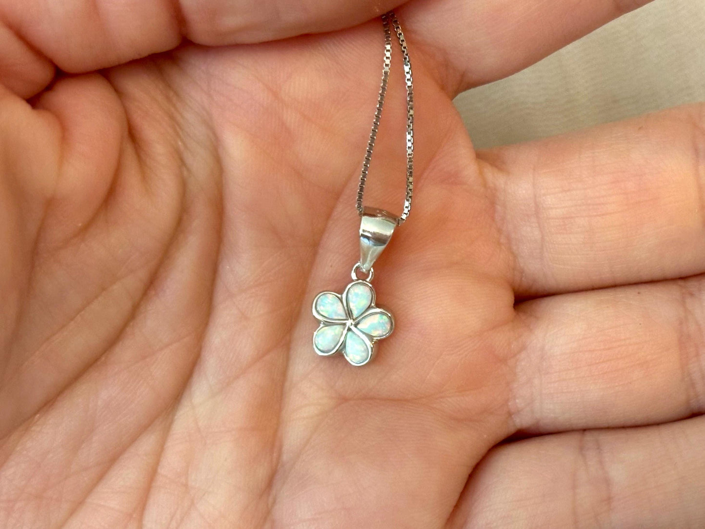 Dainty White Opal Plumeria Flower Necklace Tarnish Free with chain Girly Minimalist Floral Gift for Her Gift for Mom 925 Sterling Silver
