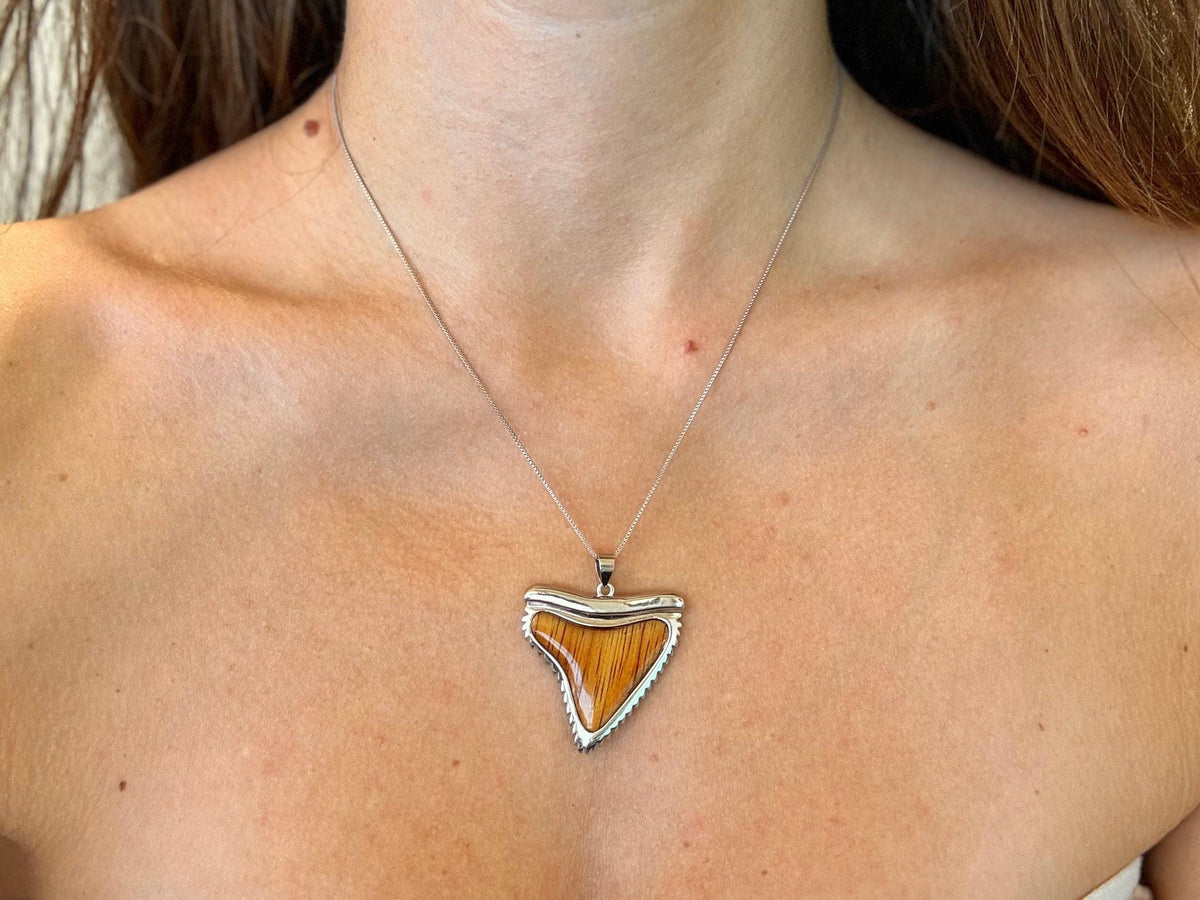 Shark Tooth Necklace, Hawaii Koa Wood, Rhodium Silver Pendant Set, gift, nontarnish, sharklover – handmade Hawaiian jewelry, Island Goddess Jewelry