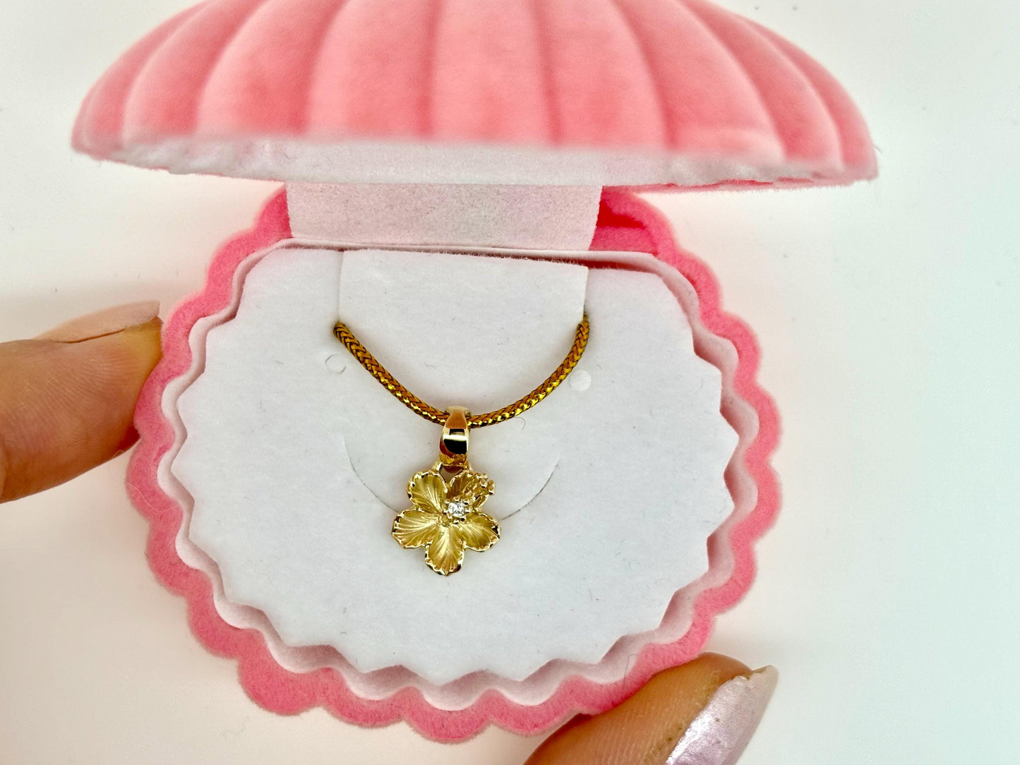 14K Solid Gold Hibiscus Pendant Flower Pendant 0.2 Ct Diamond Necklace Gold Pendant Birthday Gift for her Gift for Mom Flower Necklace