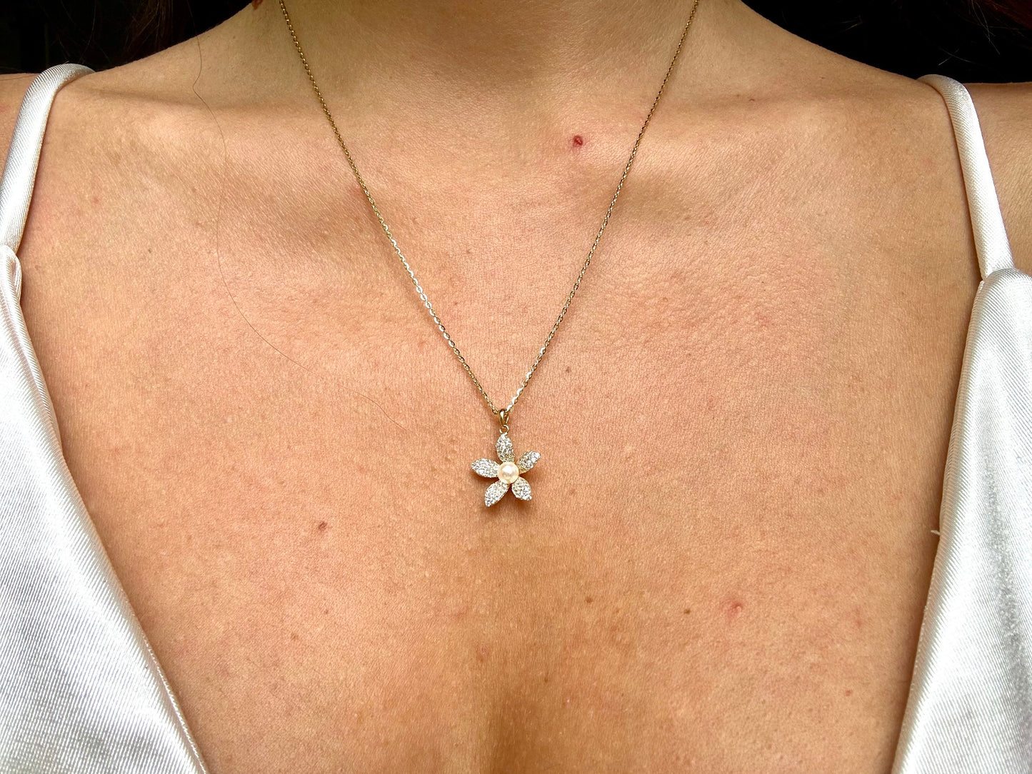 Hawaiian Plumeria Genuine Pearl Flower Necklace w chain 925 Sterling Silver 14K Gold Plated Cute Romantic Gift for her Tarnish Free CZ Stone
