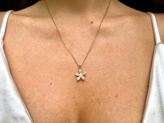 Hawaiian Plumeria Genuine Pearl Flower Necklace w chain 925 Sterling Silver 14K Gold Plated Cute Romantic Gift for her Tarnish Free CZ Stone