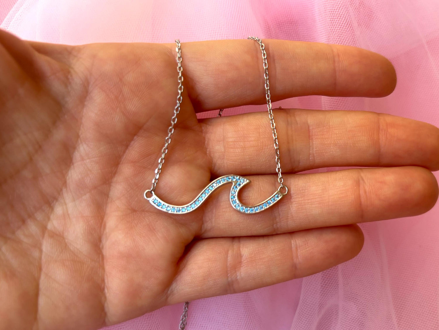 Hawaiian Blue Cubic Zirconia Wave Necklace - 925 Sterling Silver