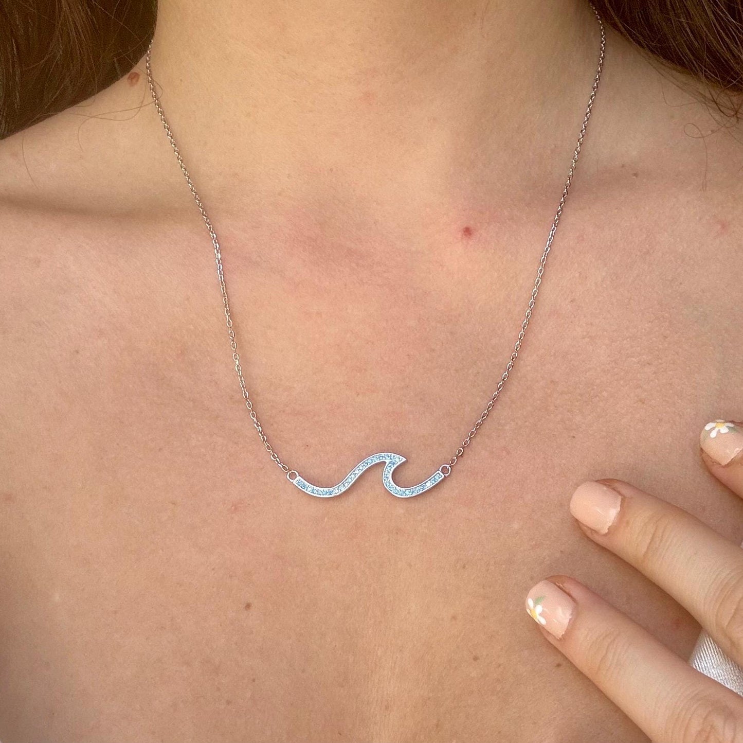 Hawaiian Blue Cubic Zirconia Wave Necklace - 925 Sterling Silver