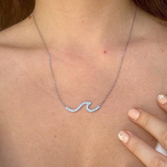Hawaiian Blue Cubic Zirconia Wave Necklace - 925 Sterling Silver