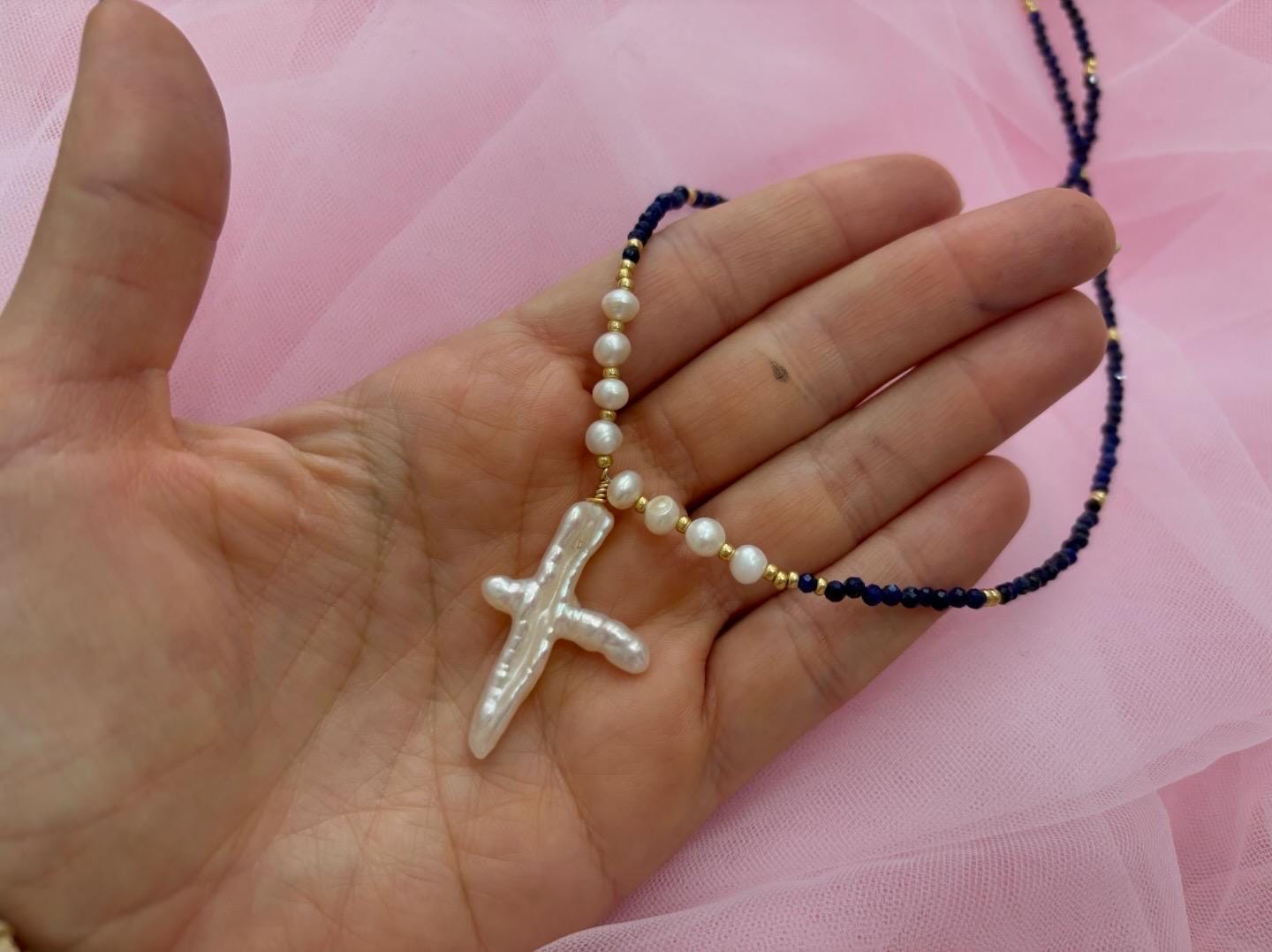 Cross Pearl Necklace December Birth Stone Necklace Freshwater White Pearl Lapis Lazuli Necklace Adjustable Tarnish Free Gift For Her
