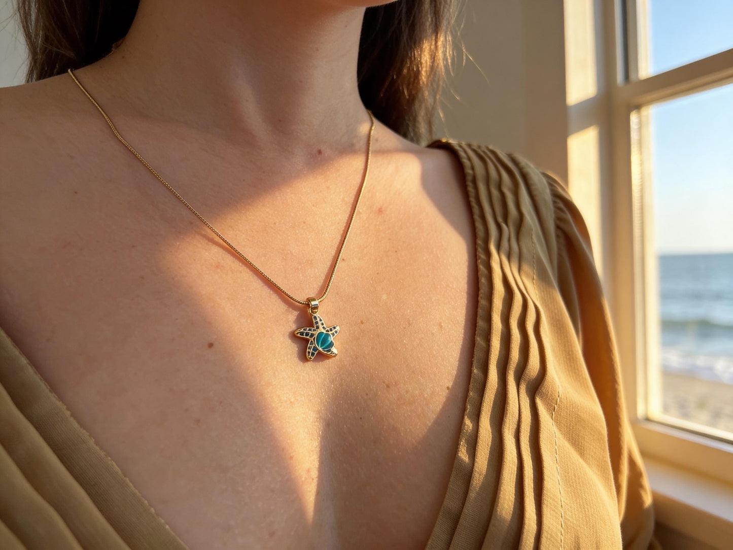 Gold Starfish Necklace – Blue Enamel Pendant | Tarnish Free Beach Boho Jewelry