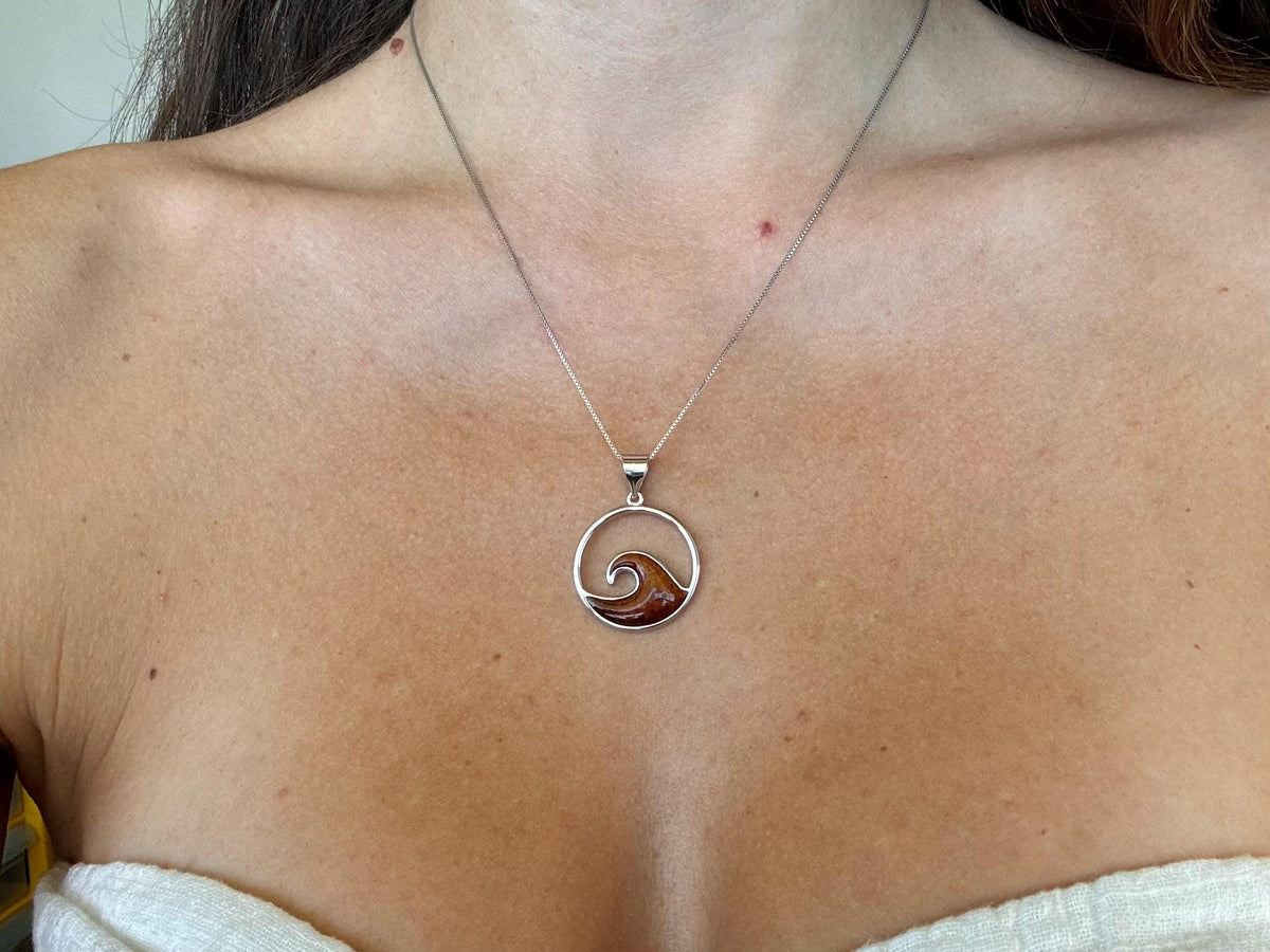 Koa Wood Wave Necklace, Rhodium Plated Sterling Silver, Hawaii, ocean, gift, nontarnish – handmade Hawaiian jewelry, Island Goddess Jewelry